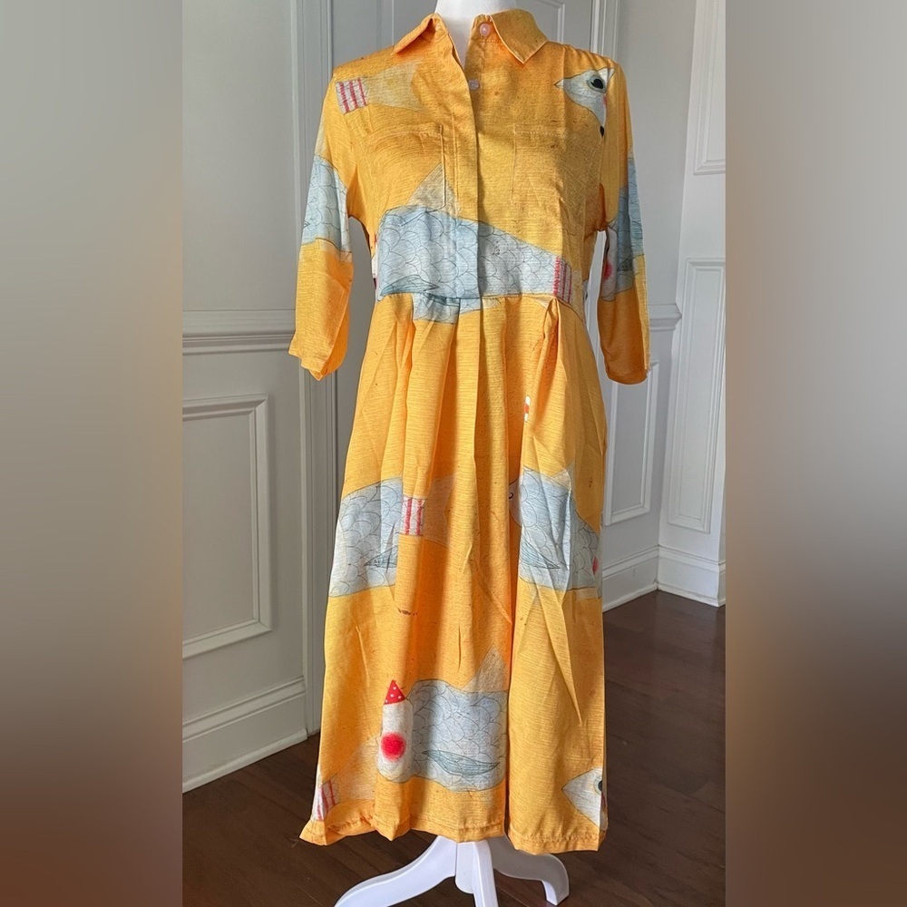 Retro Yellow Sardine Print Dress Size Small - Picture 2 of 5